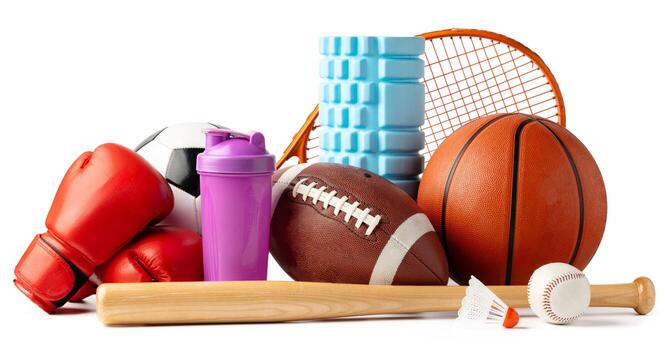assorted sports equipment isolated on white background photo
